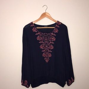 Lucky Brand Navy Embroidered Blouse